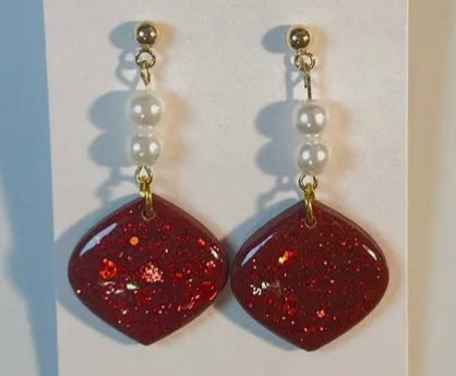 Red and Pearl Ornament Clay Dangle Earrings