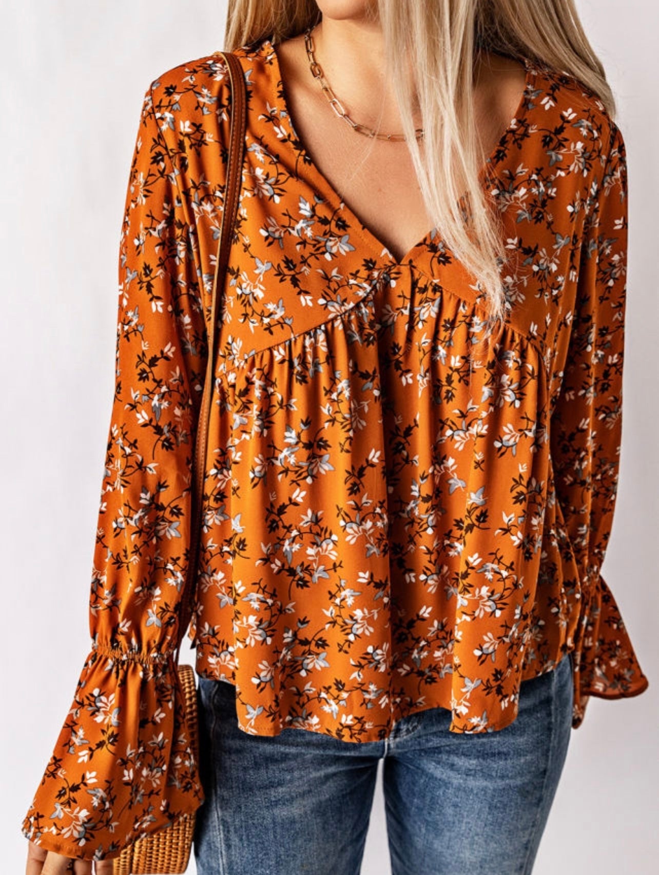 Harvest Time Florals Bell Sleeve Orange Blouse