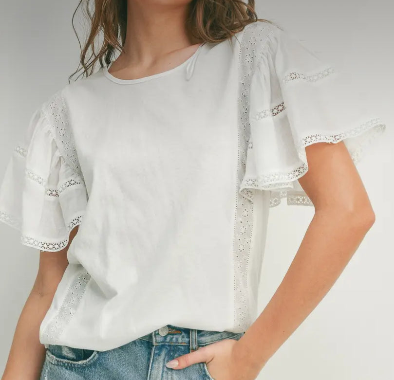 On Cloud 9 White Eyelet Ruffled Sleeve Blouse