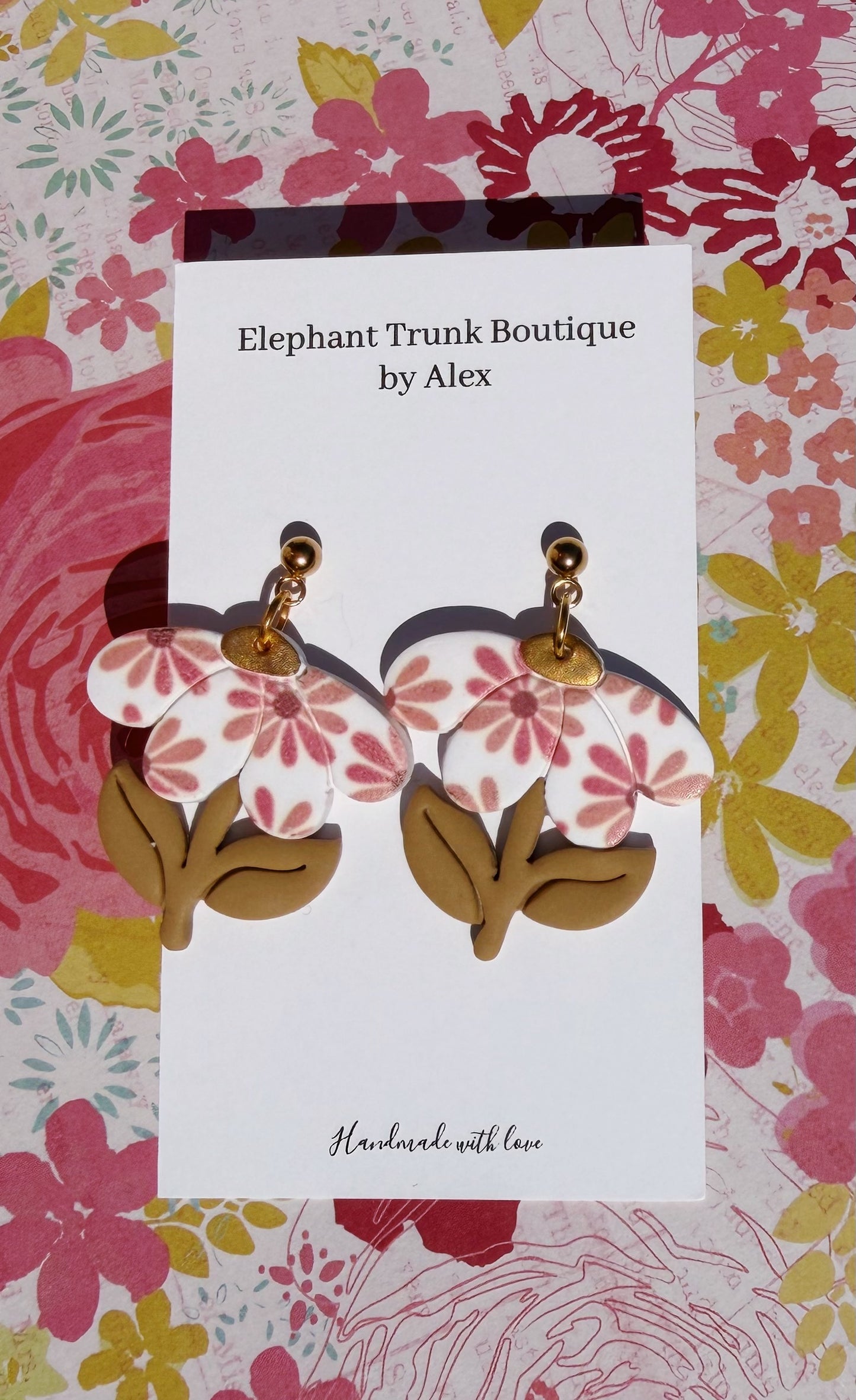 Flower with Brown Stem Clay Earrings