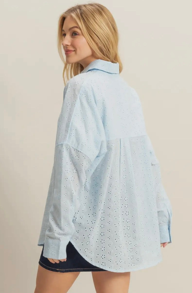 Ocean Oasis Blue Oversized Eyelet Long Sleeve Shirt