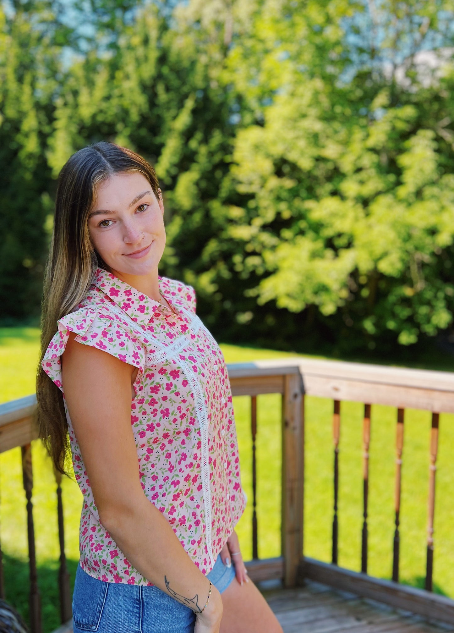 Field of Flowers Pink Floral Lace Trim Blouse