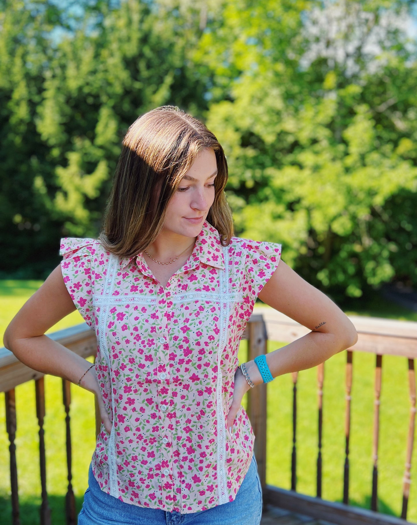 Field of Flowers Pink Floral Lace Trim Blouse