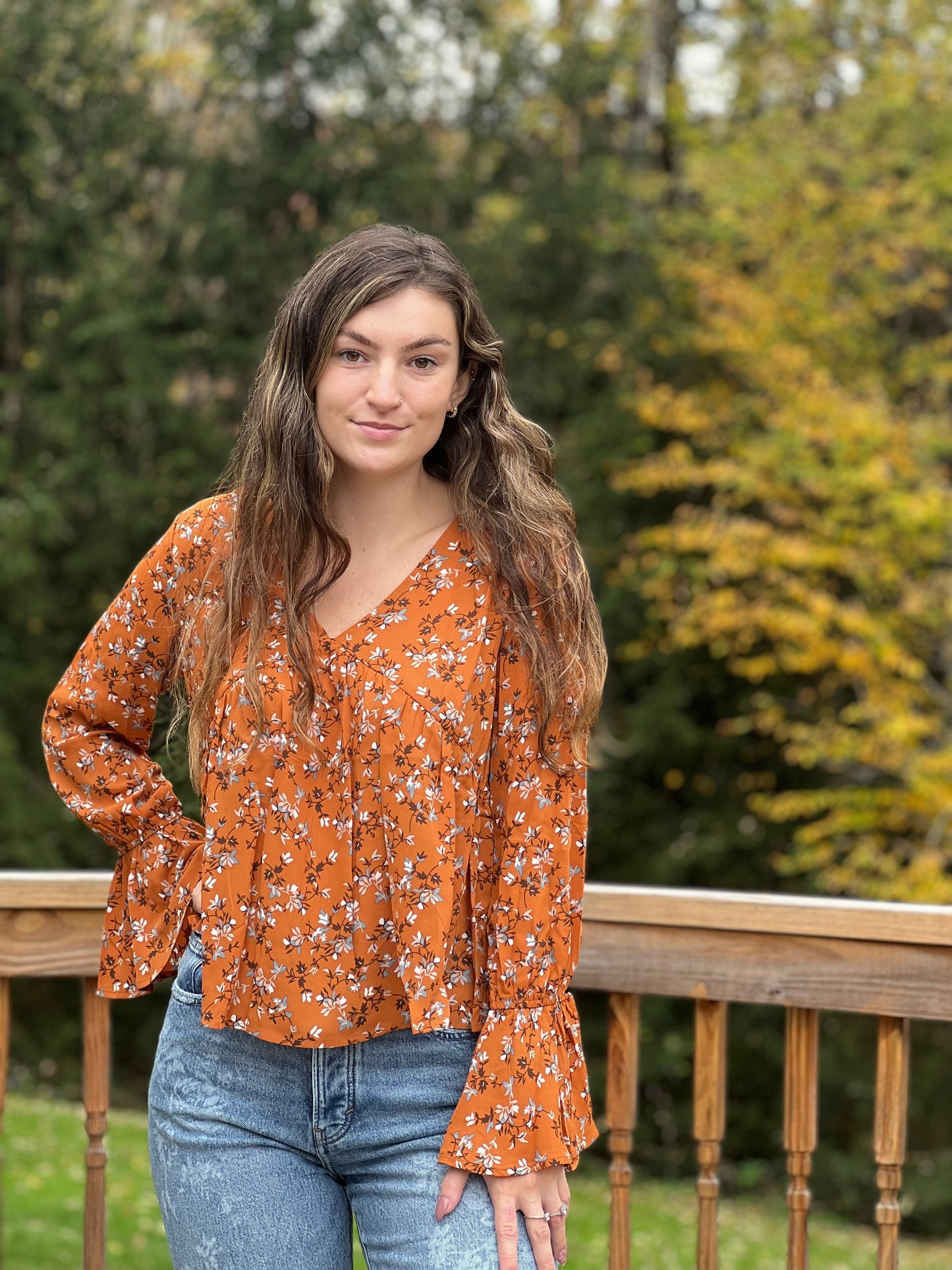Harvest Time Florals Bell Sleeve Orange Blouse