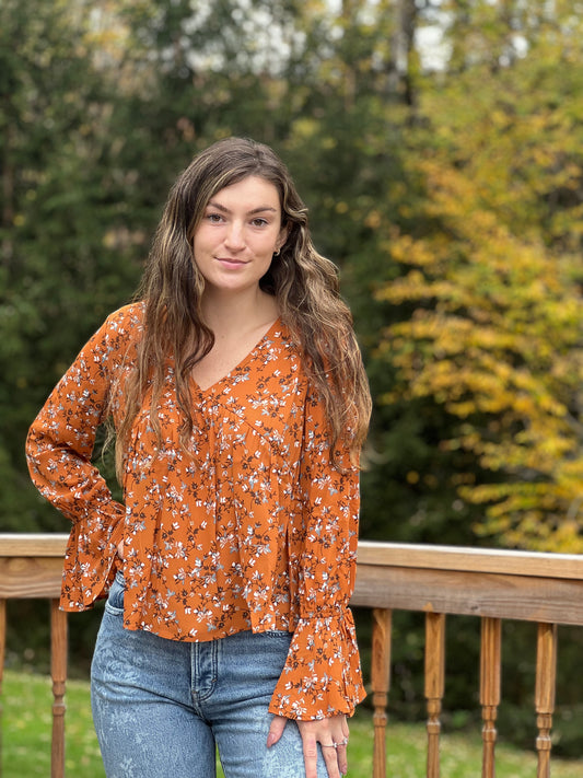 Harvest Time Florals Bell Sleeve Orange Blouse