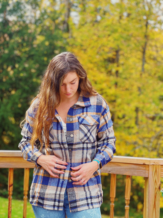 Roll With You Blue and Orange Flannel Shacket