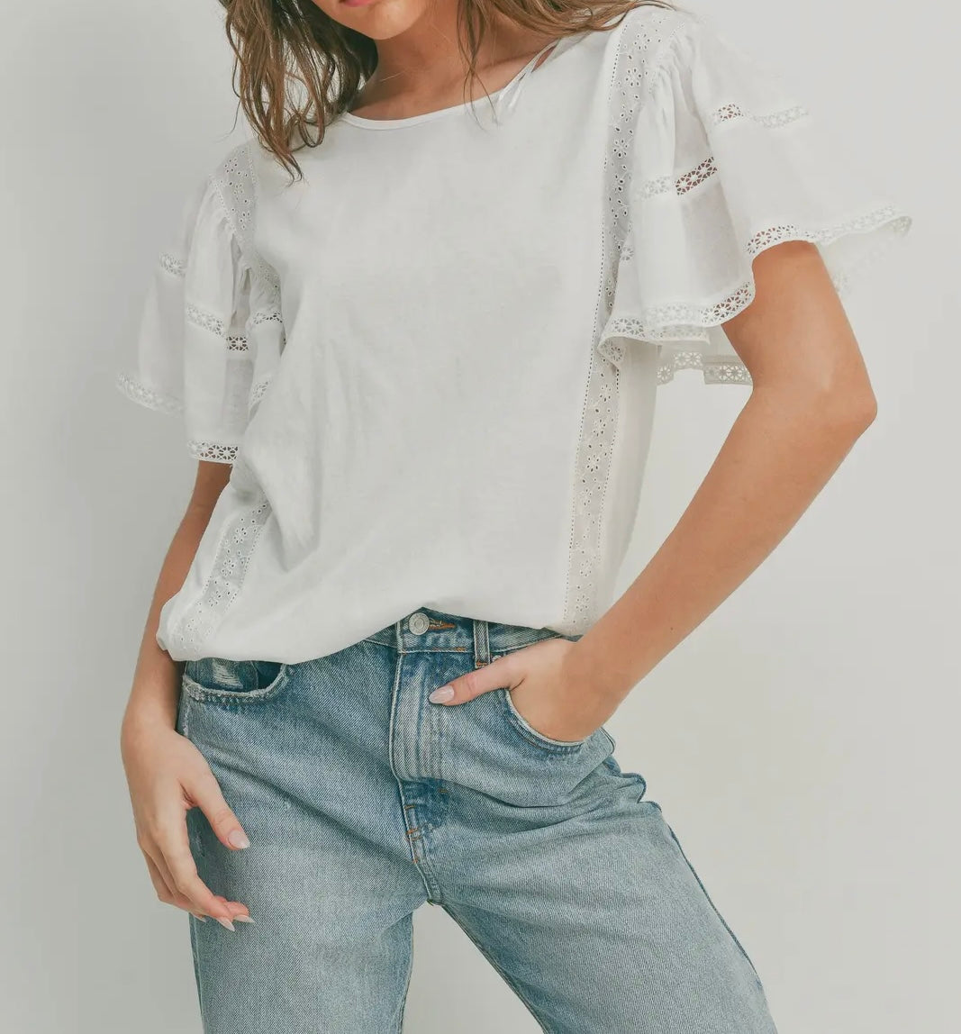 On Cloud 9 White Eyelet Ruffled Sleeve Blouse