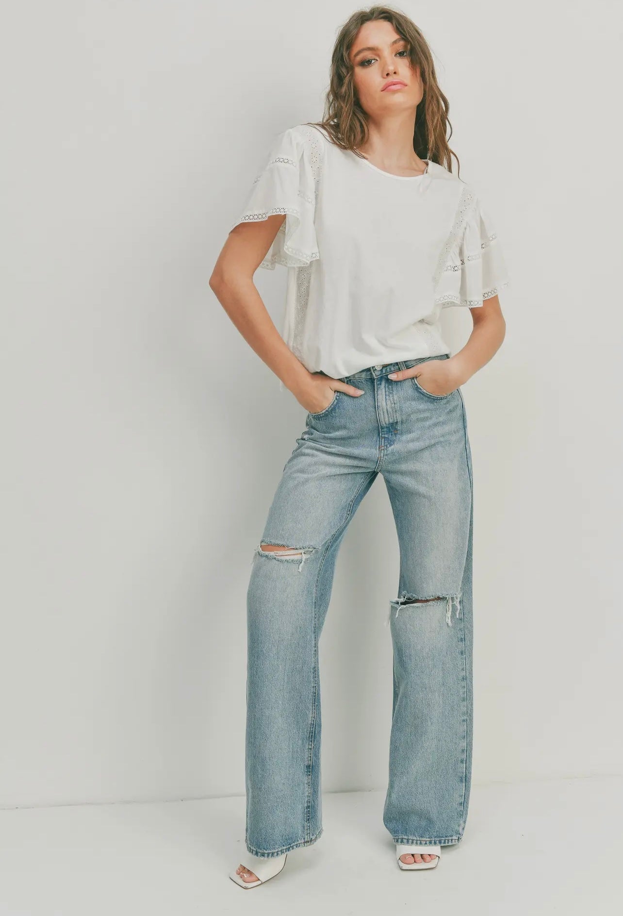 On Cloud 9 White Eyelet Ruffled Sleeve Blouse