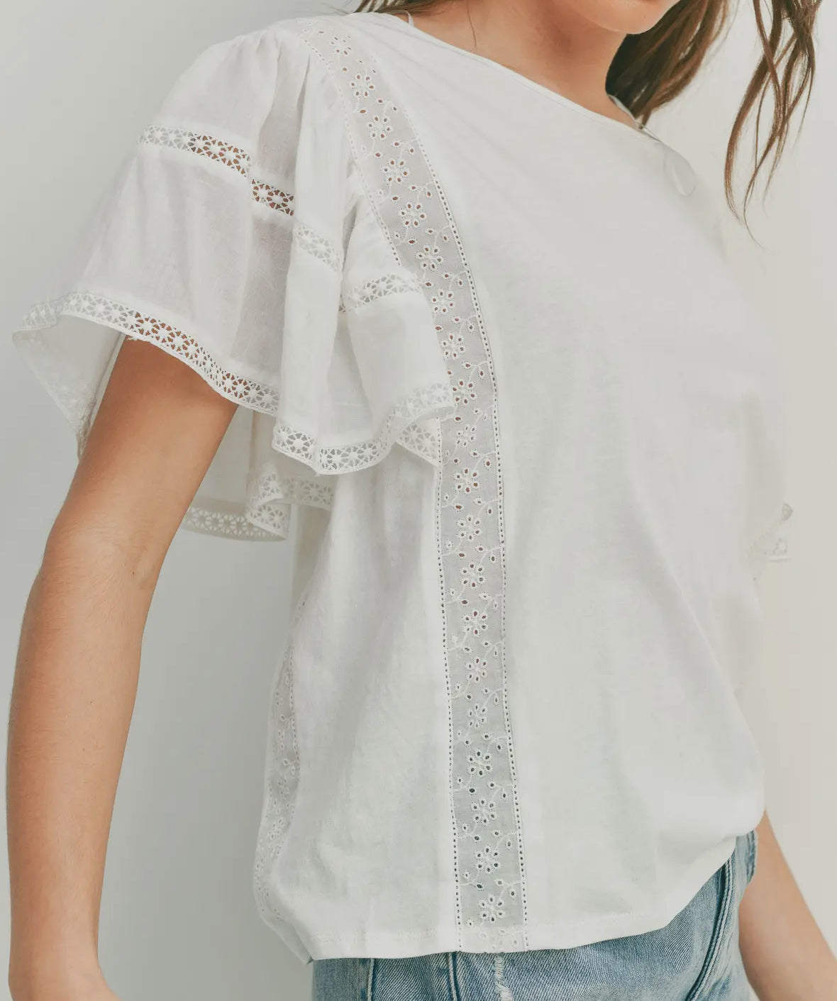 On Cloud 9 White Eyelet Ruffled Sleeve Blouse