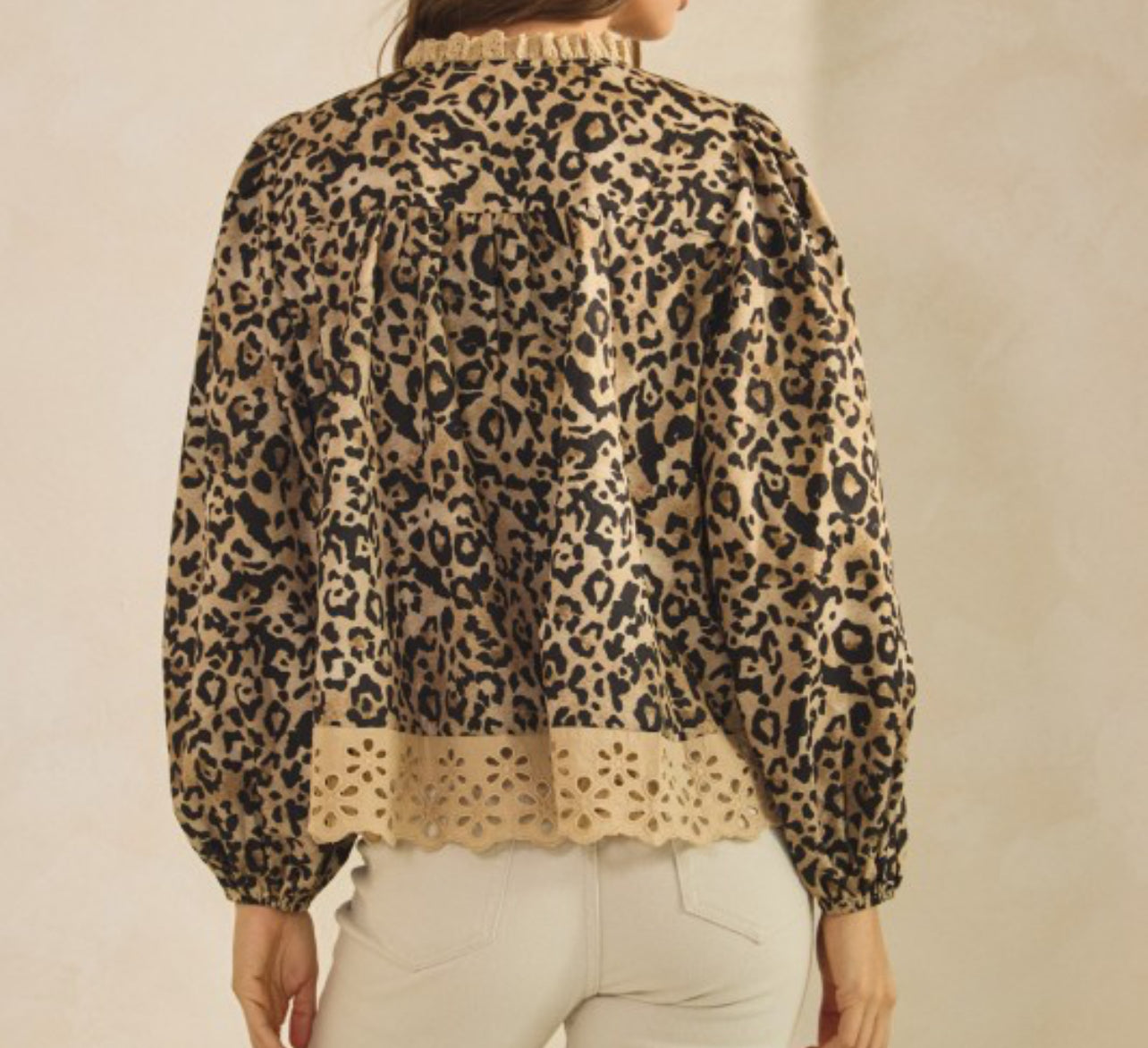 Leopard Eyelet Hem Button Down Blouse
