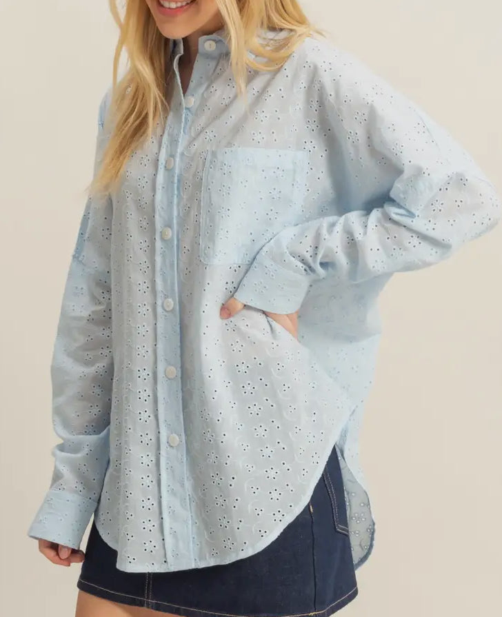 Ocean Oasis Blue Oversized Eyelet Long Sleeve Shirt