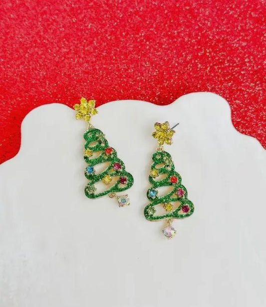 Christmas Tree Jeweled Dangle Earrings