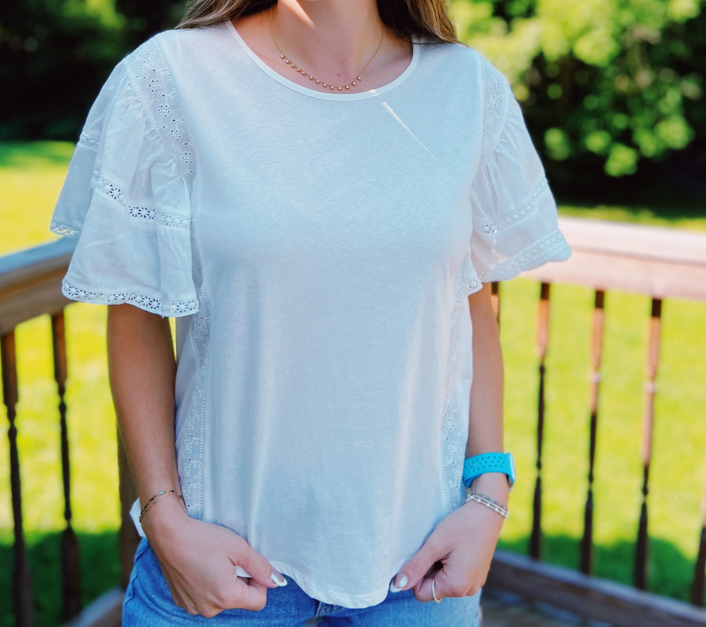 On Cloud 9 White Eyelet Ruffled Sleeve Blouse