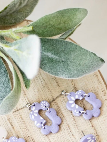 Lavender Daisy Clay Dangle Earrings