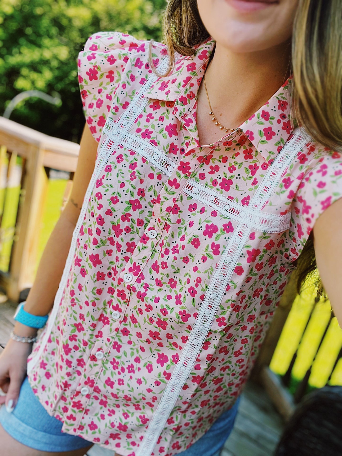Field of Flowers Pink Floral Lace Trim Blouse