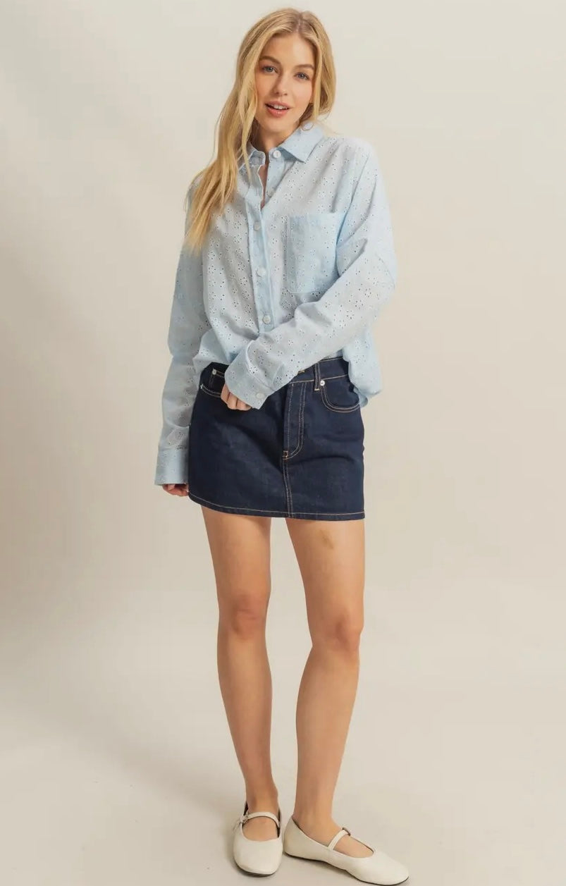 Ocean Oasis Blue Oversized Eyelet Long Sleeve Shirt