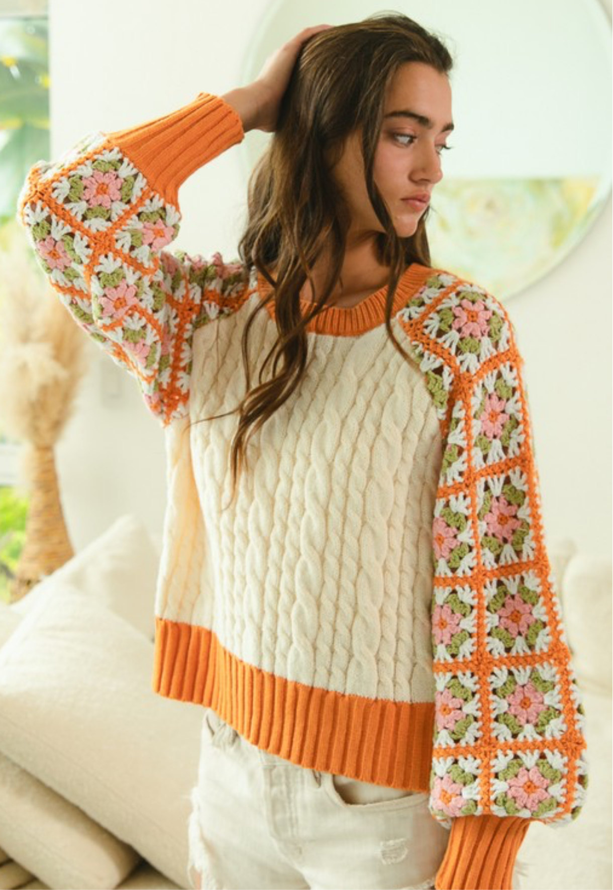 Fall Attitude Crochet Sleeve Knit Sweater