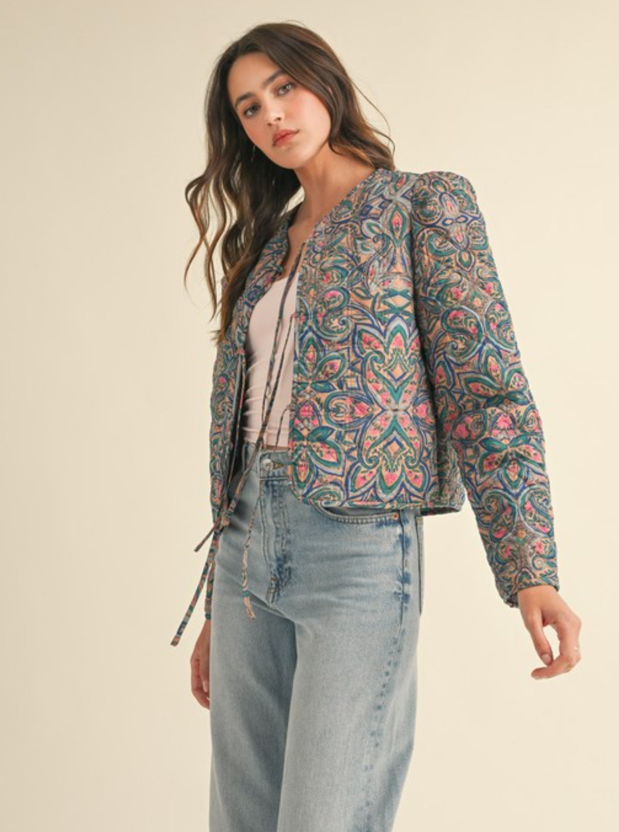 Darling Style Quilted Jacket With Bow Tie Front