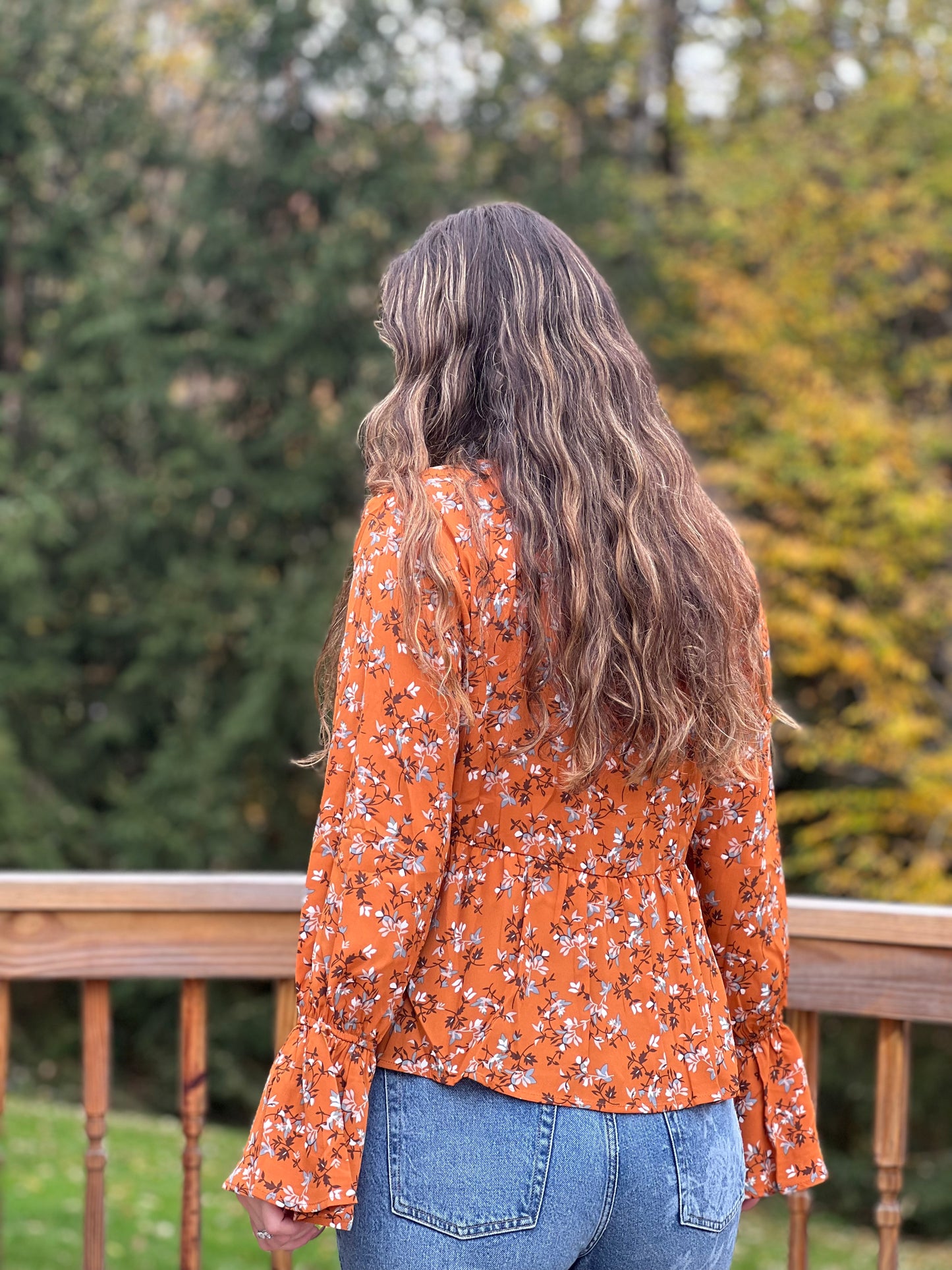 Harvest Time Florals Bell Sleeve Orange Blouse