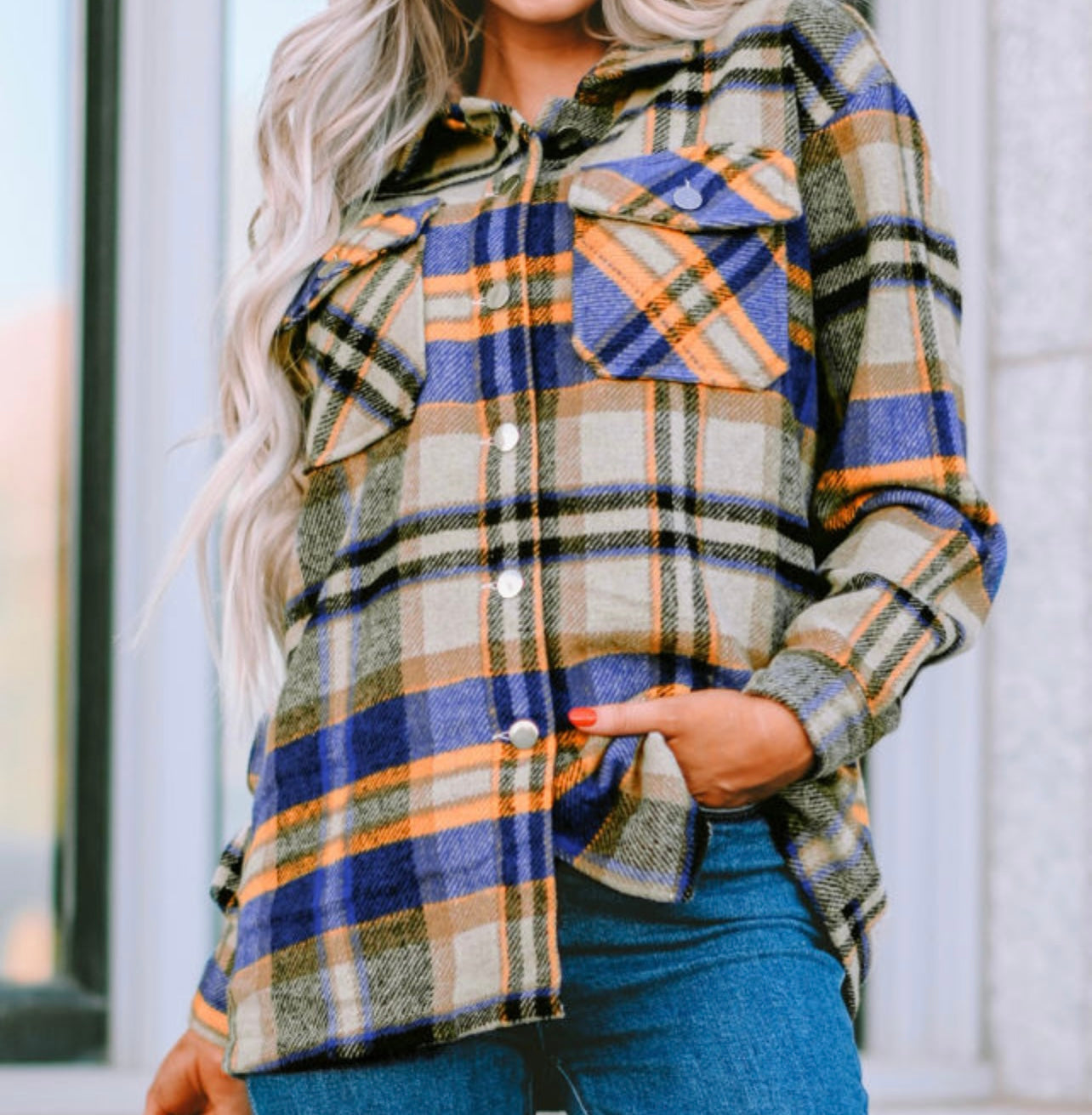 Roll With You Blue and Orange Flannel Shacket