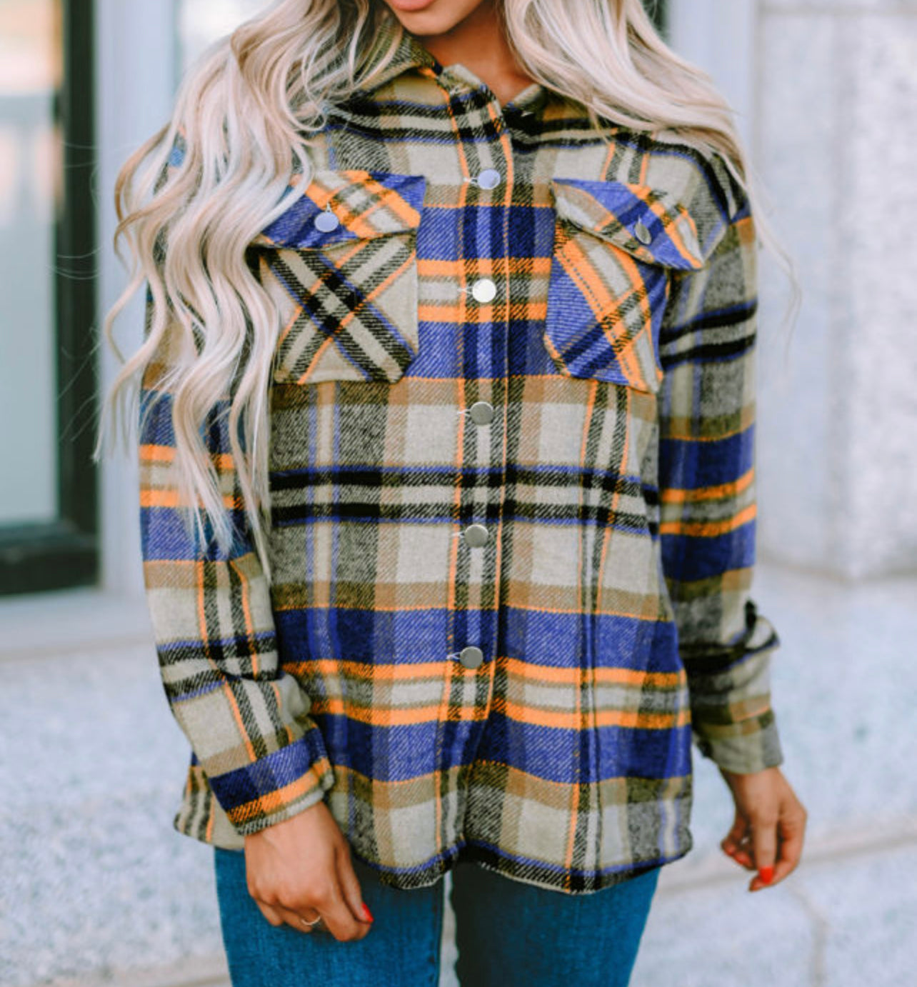 Roll With You Blue and Orange Flannel Shacket