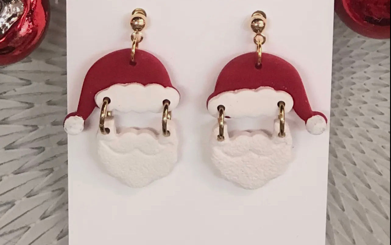 Santa Hat & Beard Dangle Clay Earrings