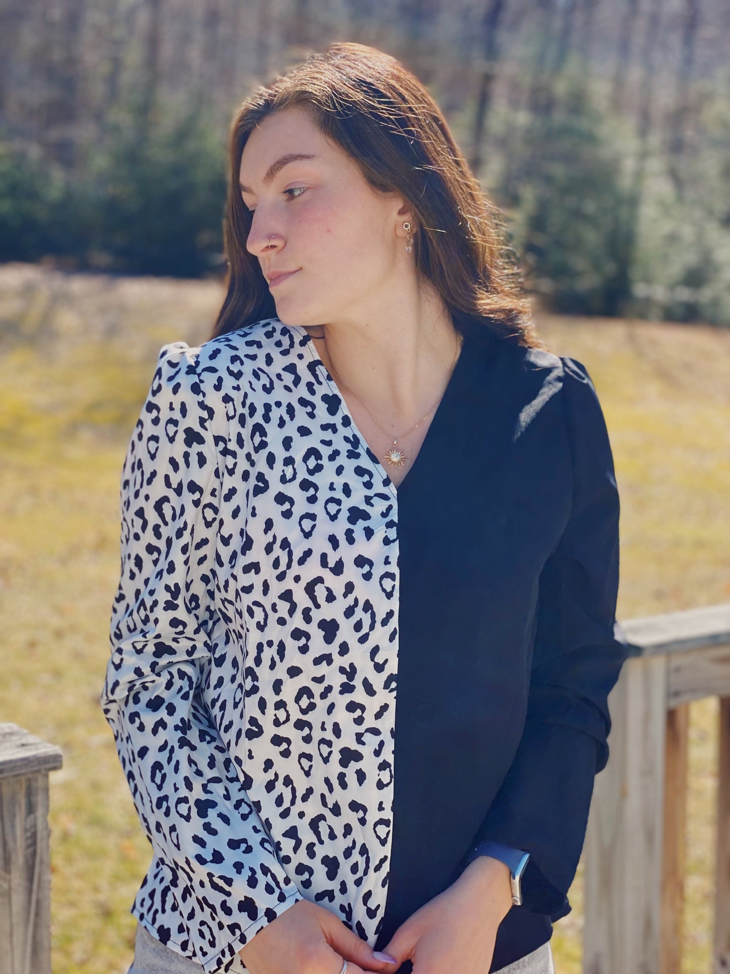 Leopard Colorblock V-neck Blouse