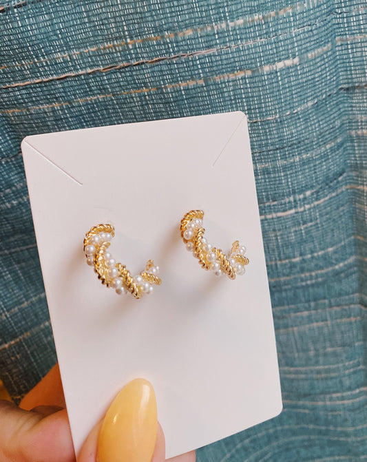 Twisted Chain & Pearl Hoops