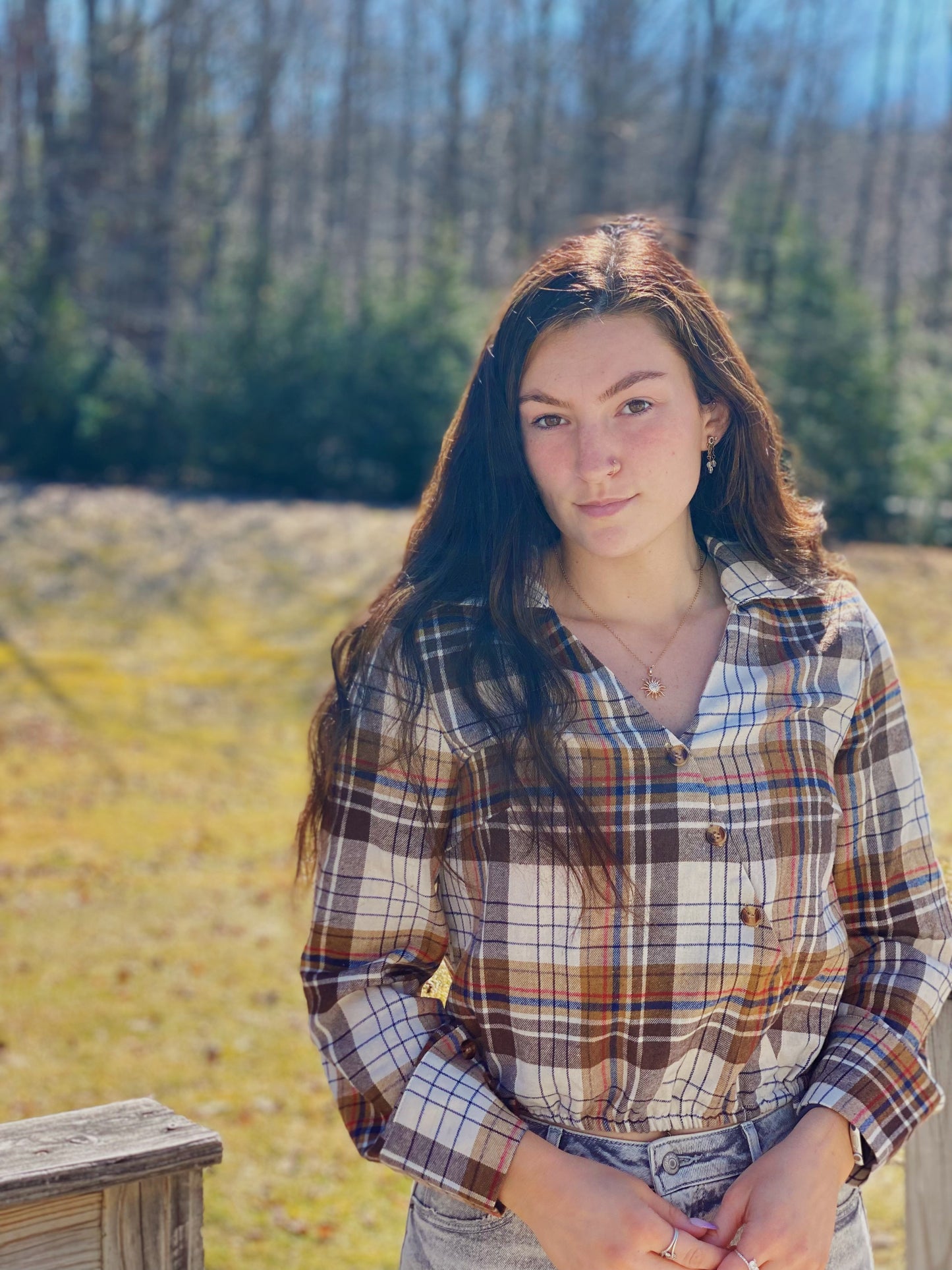Plaid Oblique Button Blouse