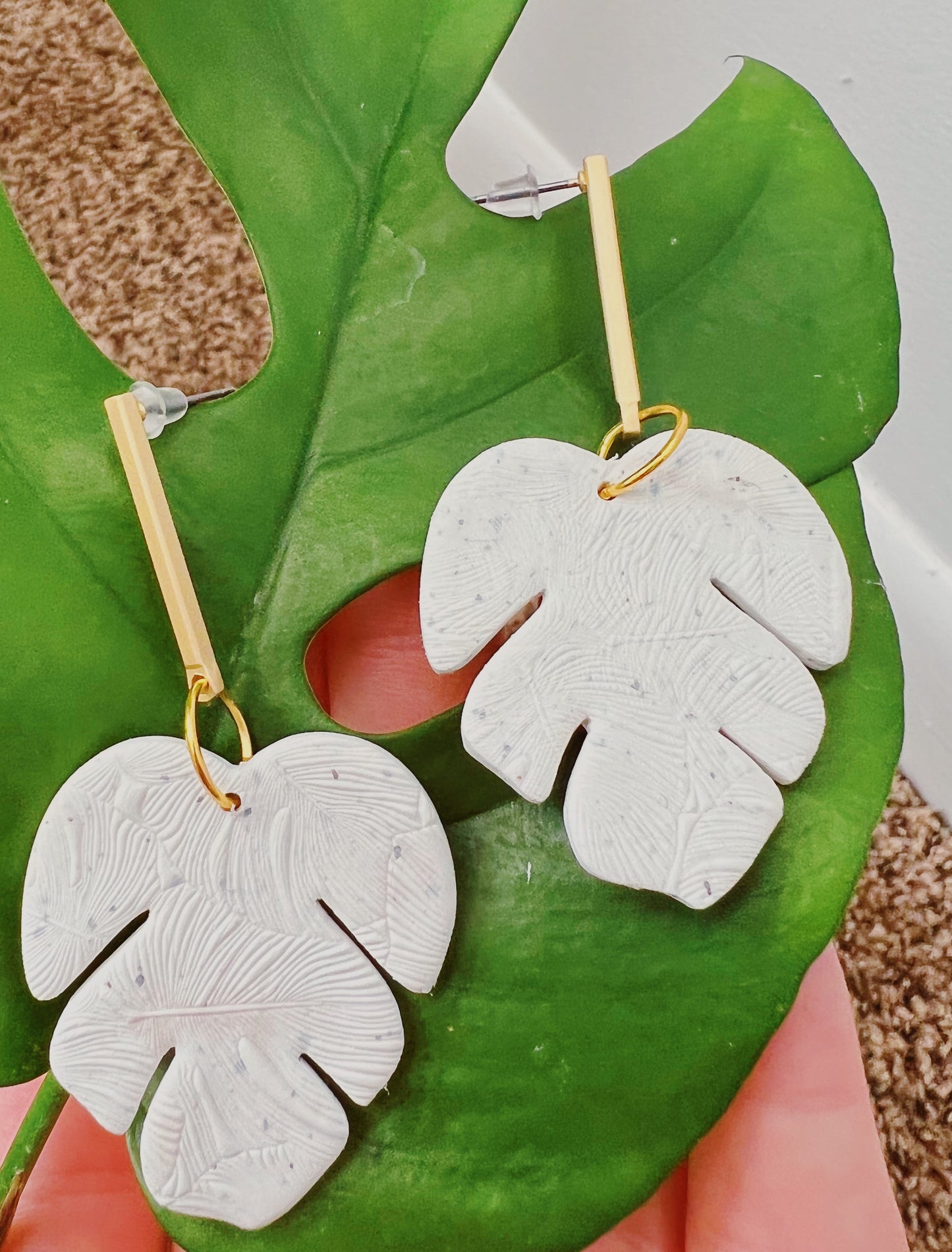Monstera Plant Leaf Dangle Clay Earrings