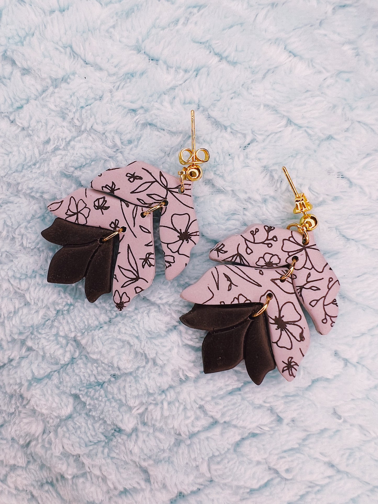 Grey Floral Dangle Clay Earrings