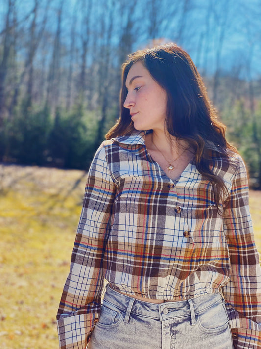 Plaid Oblique Button Blouse