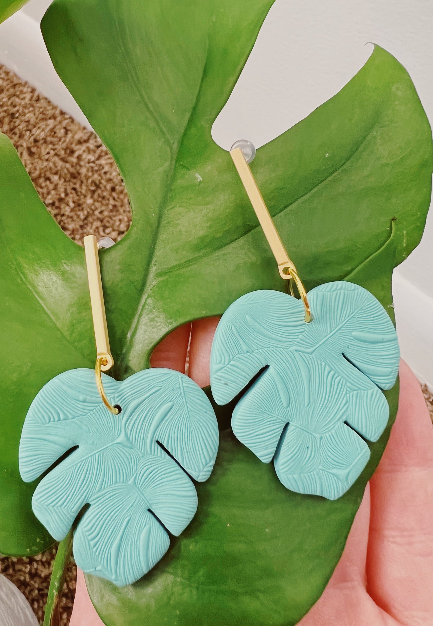 Monstera Plant Leaf Dangle Clay Earrings