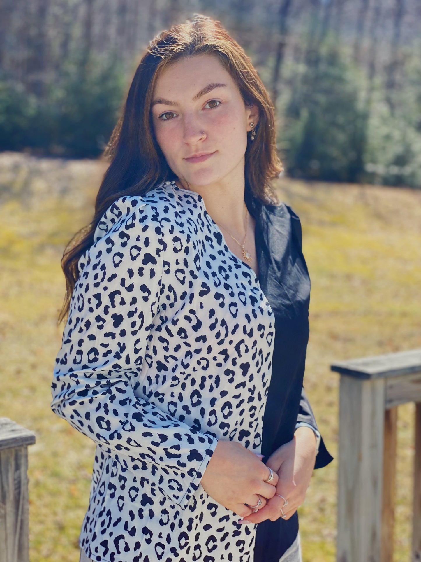 Leopard Colorblock V-neck Blouse
