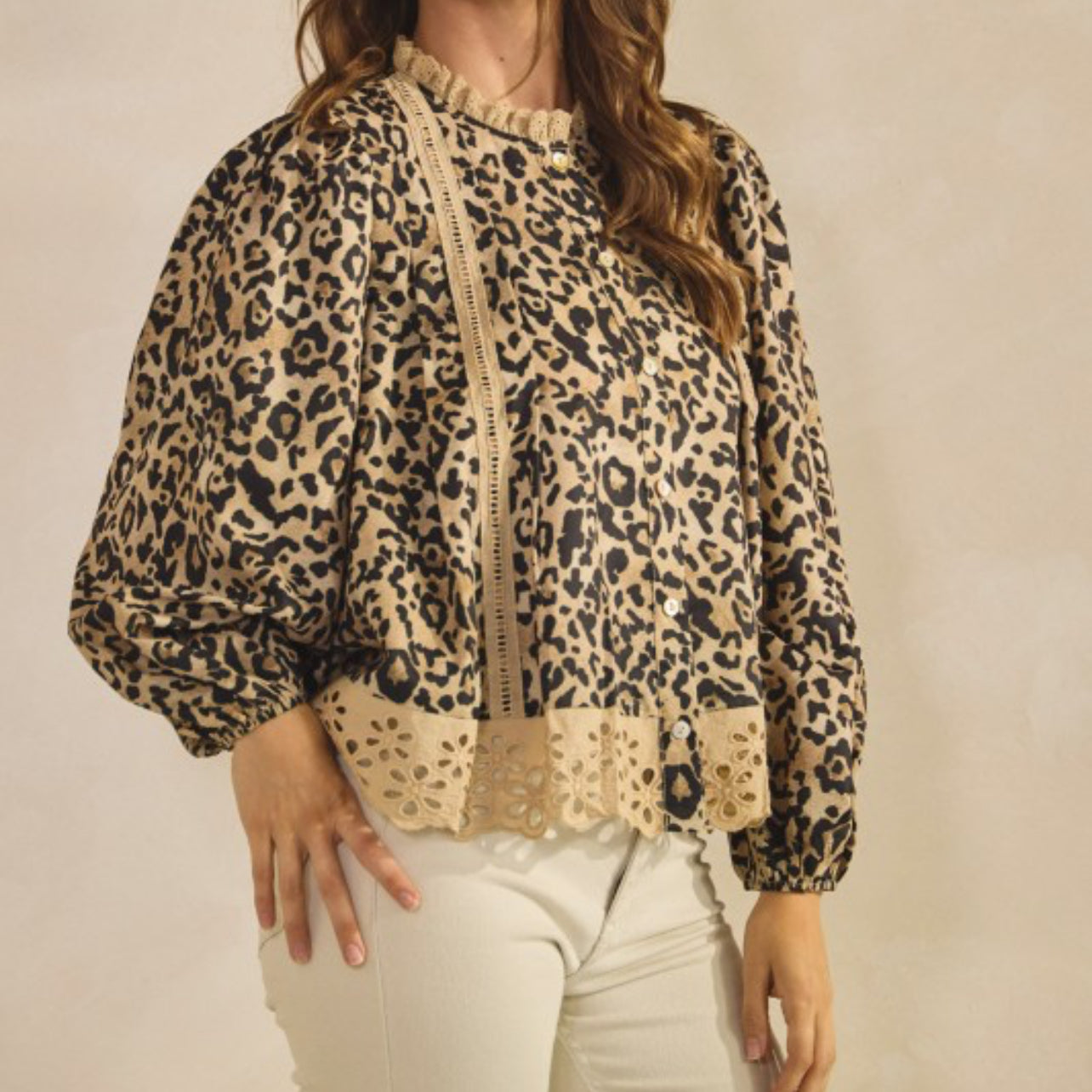 Leopard Eyelet Hem Button Down Blouse