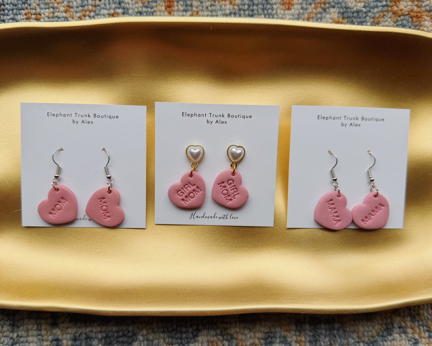 Mothers Day Pink Heart Clay Earrings