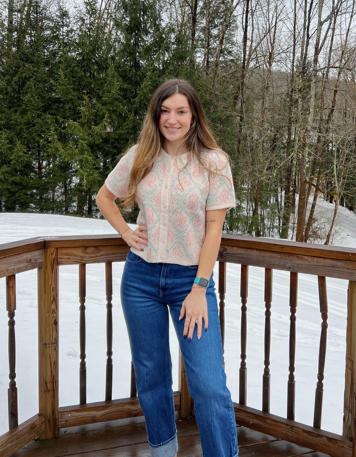 New Love Cream Mint Floral Short Sleeve Sweater Cardigan