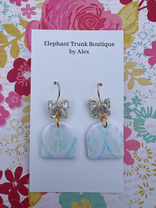 Gold Bow Cottage Core Floral Clay Earrings