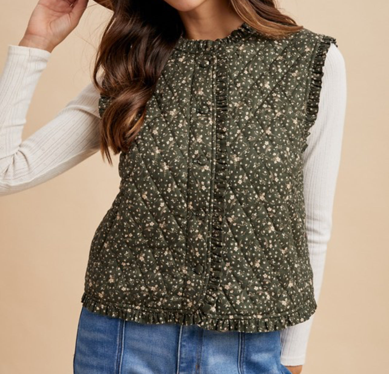 The Meadow Muse Evergreen Floral Quilted Vest
