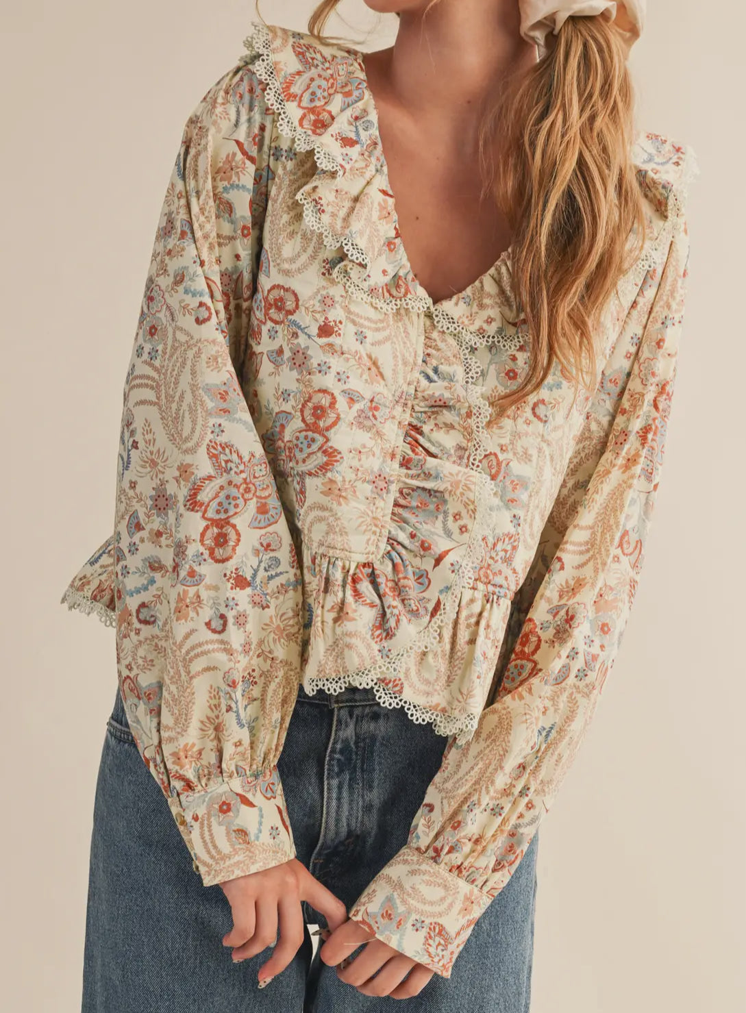 Be Mine Paisley Print Lace Trim Quilted Blouse