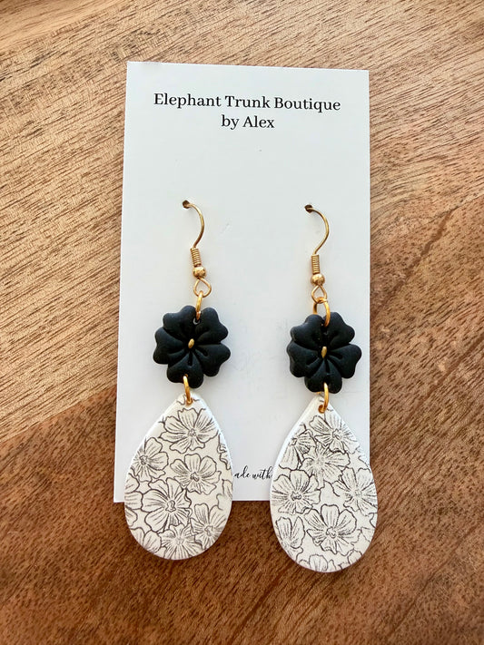 Black Blossom Clay Dangle Earrings