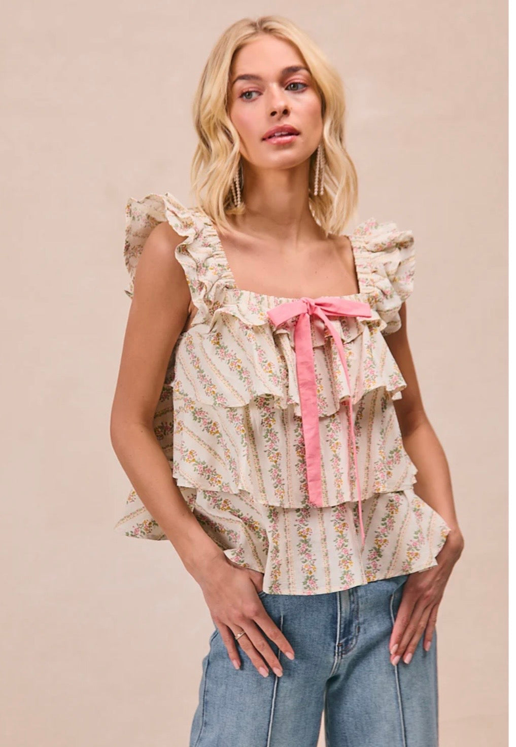 Summer Blooms Ruffle Bow Tank Blouse