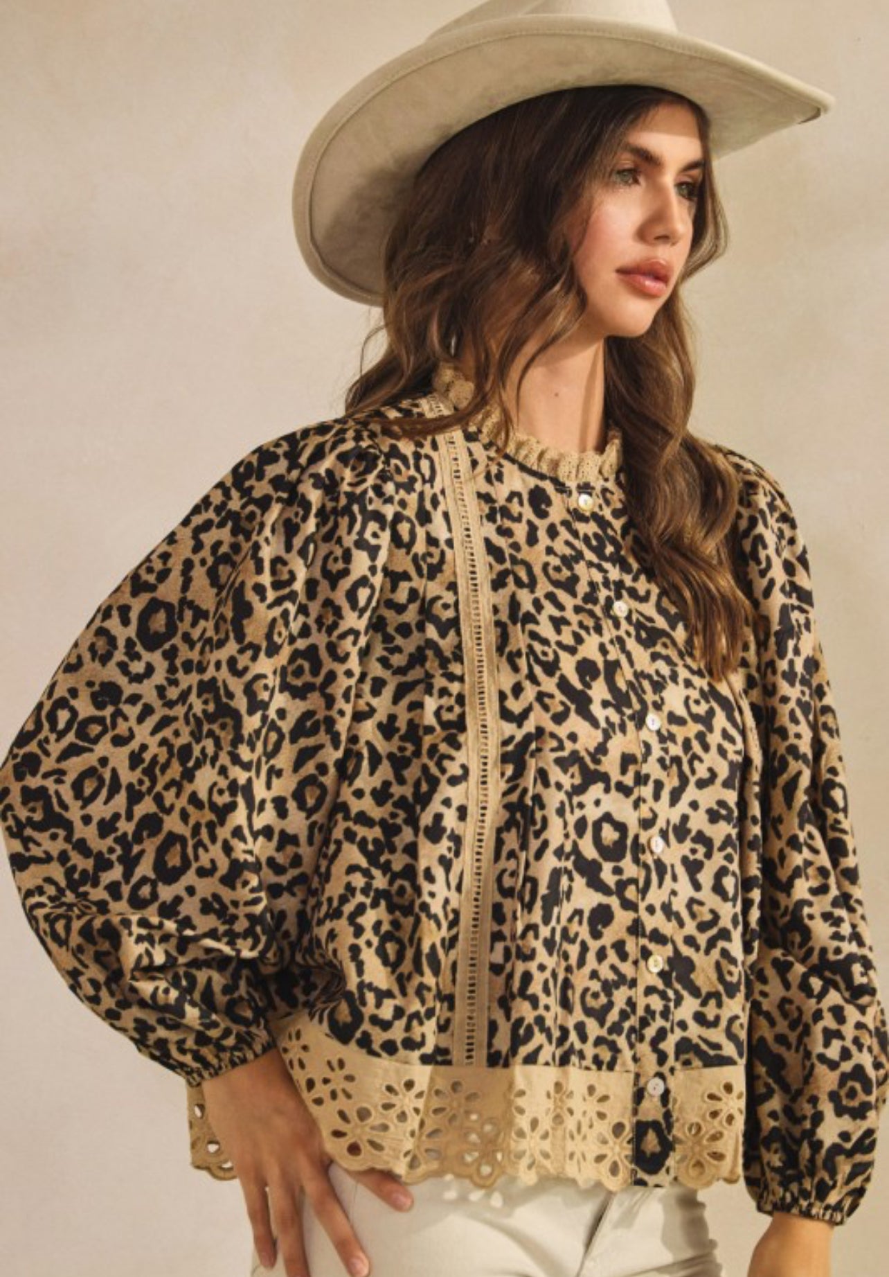 Leopard Eyelet Hem Button Down Blouse