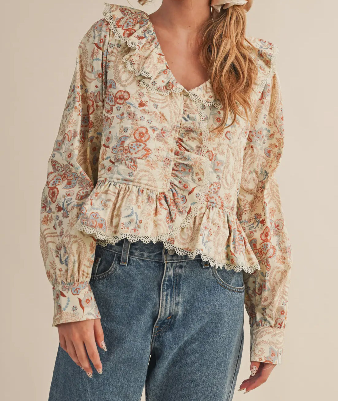 Be Mine Paisley Print Lace Trim Quilted Blouse