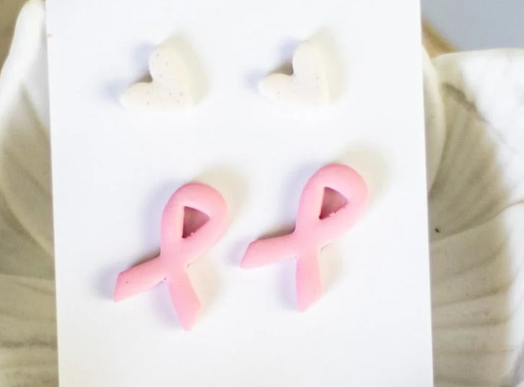 Breast Cancer Ribbon & Heart Stud Earring Pack