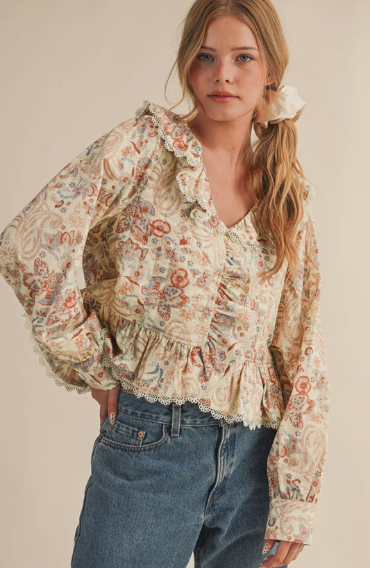 Be Mine Paisley Print Lace Trim Quilted Blouse