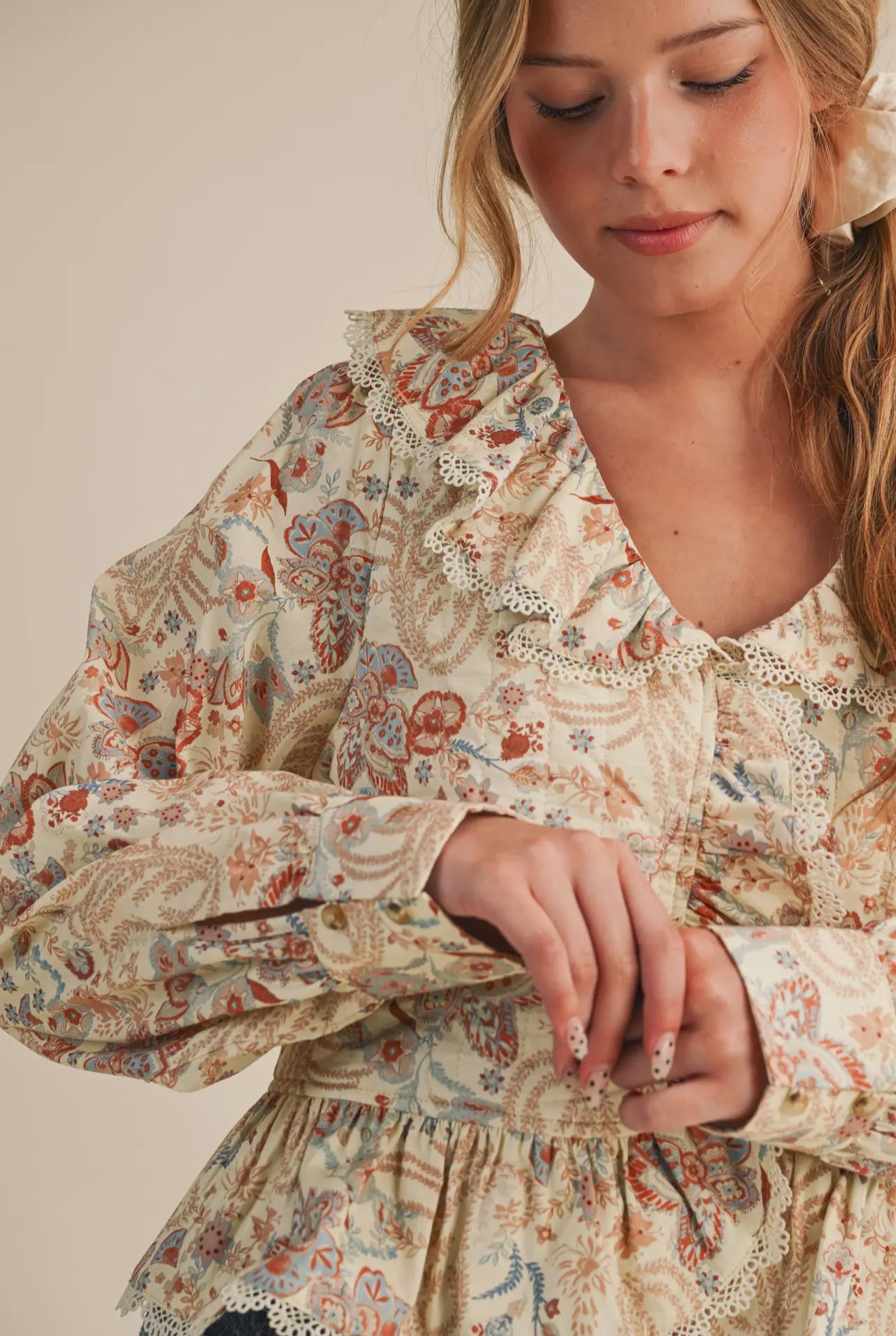 Be Mine Paisley Print Lace Trim Quilted Blouse