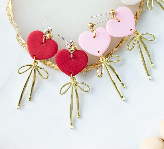 Valentines Heart Bow Dangle Earrings