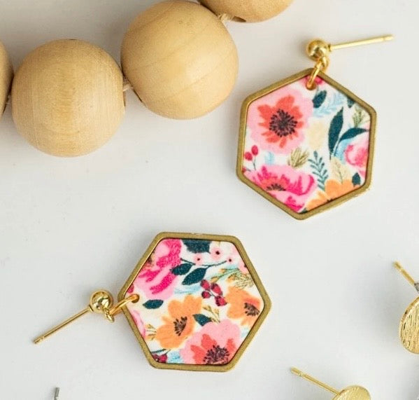 Bright Floral Hexagon Clay Earrings