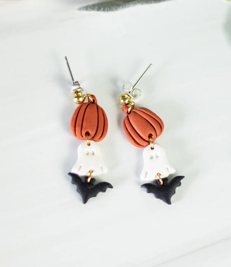 Pumpkin, Ghost, Bat Mini Trio Earrings